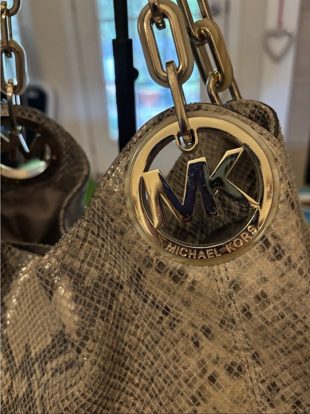 Michael Kors Beige Taupe Snake-Print Shoulder Hobo Bag - Picture 2 of 6